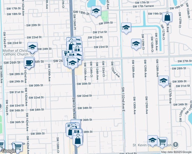 map of restaurants, bars, coffee shops, grocery stores, and more near 13392 Southwest 28th Street in Miami