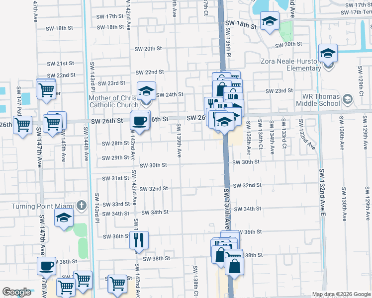 map of restaurants, bars, coffee shops, grocery stores, and more near 2804 Southwest 138th Path in Miami
