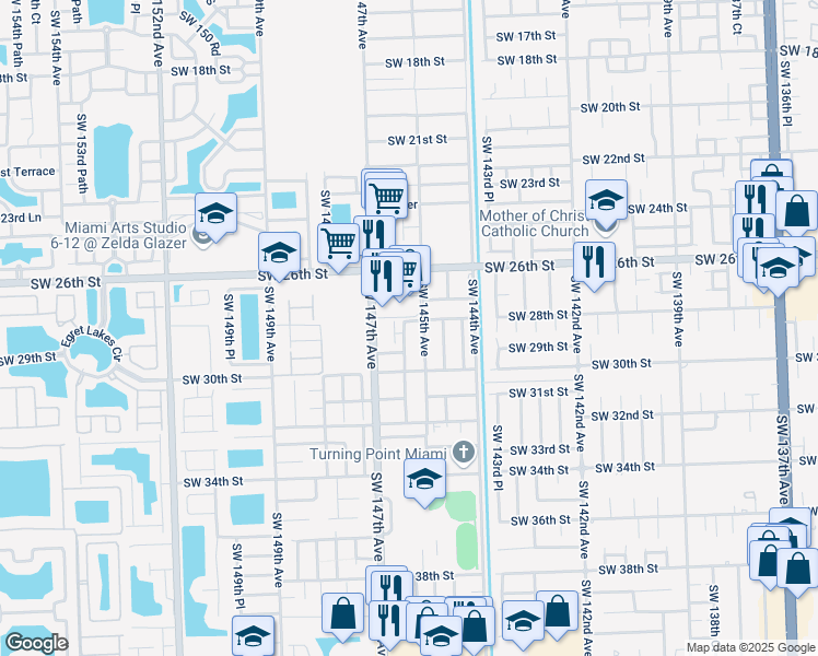 map of restaurants, bars, coffee shops, grocery stores, and more near 2827 Southwest 145th Court in Miami