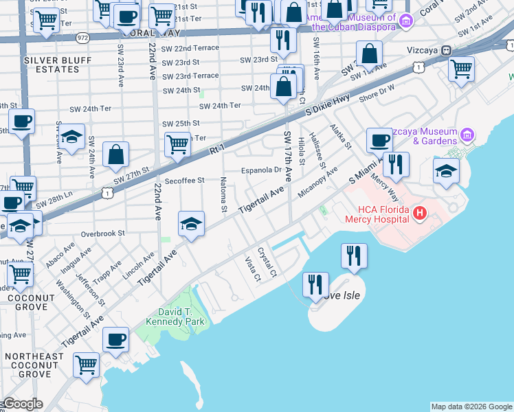 map of restaurants, bars, coffee shops, grocery stores, and more near 1750 Tigertail Avenue in Miami