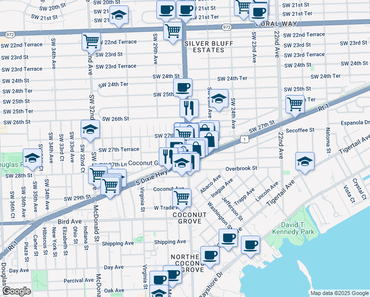 map of restaurants, bars, coffee shops, grocery stores, and more near 2742 Southwest 27th Avenue in Miami