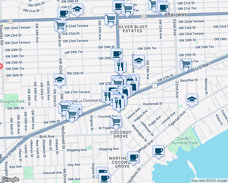 map of restaurants, bars, coffee shops, grocery stores, and more near 2742 Southwest 27th Avenue in Miami