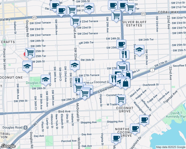 map of restaurants, bars, coffee shops, grocery stores, and more near 3063 Southwest 27th Terrace in Miami