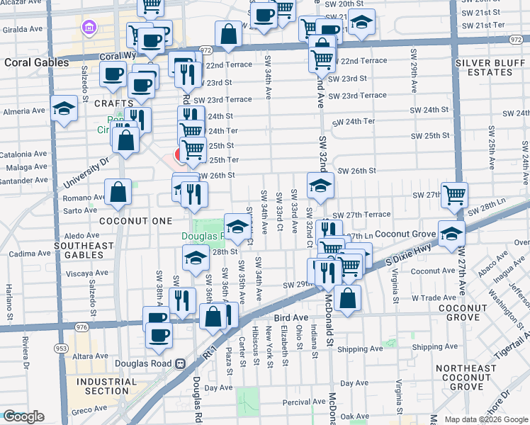 map of restaurants, bars, coffee shops, grocery stores, and more near 3400-3402 Southwest 27th Street in Miami