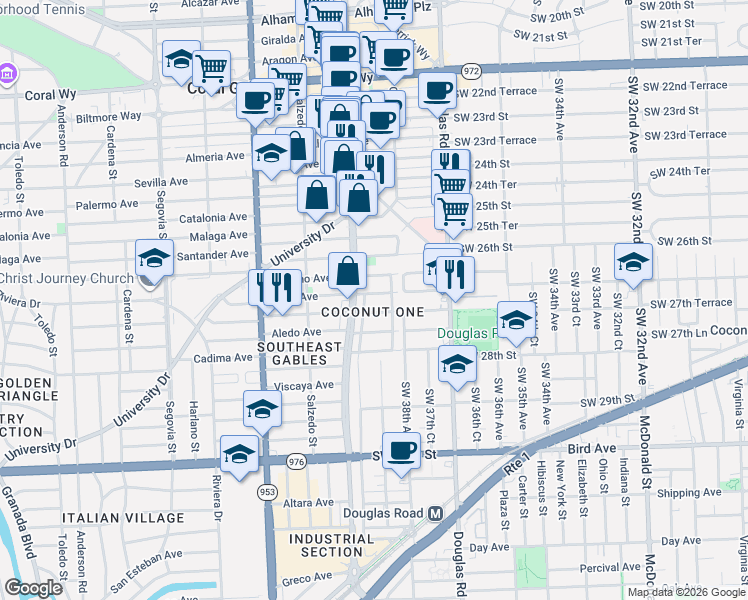 map of restaurants, bars, coffee shops, grocery stores, and more near 119 Sarto Avenue in Coral Gables