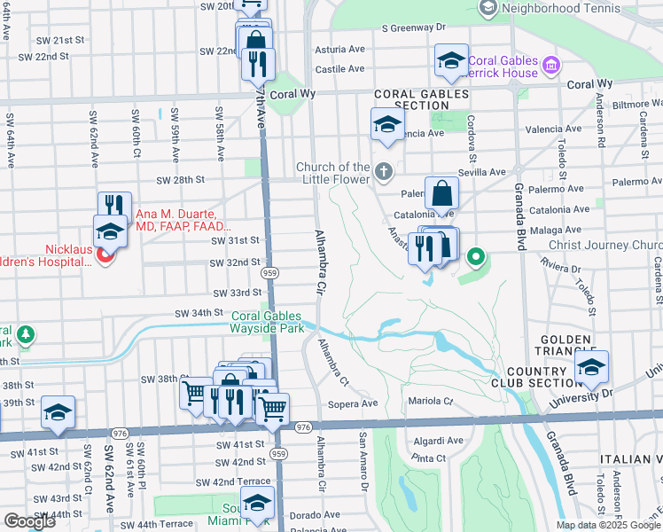 map of restaurants, bars, coffee shops, grocery stores, and more near 3202 Alhambra Circle in Coral Gables