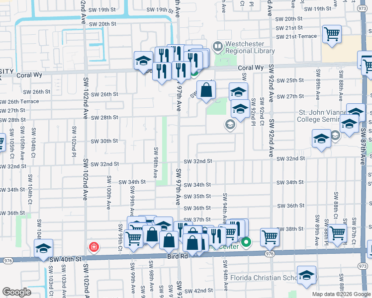 map of restaurants, bars, coffee shops, grocery stores, and more near 3001 Southwest 96th Avenue in Miami