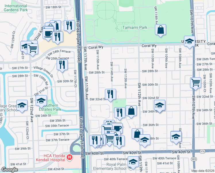 map of restaurants, bars, coffee shops, grocery stores, and more near 2940 Southwest 114th Avenue in Miami