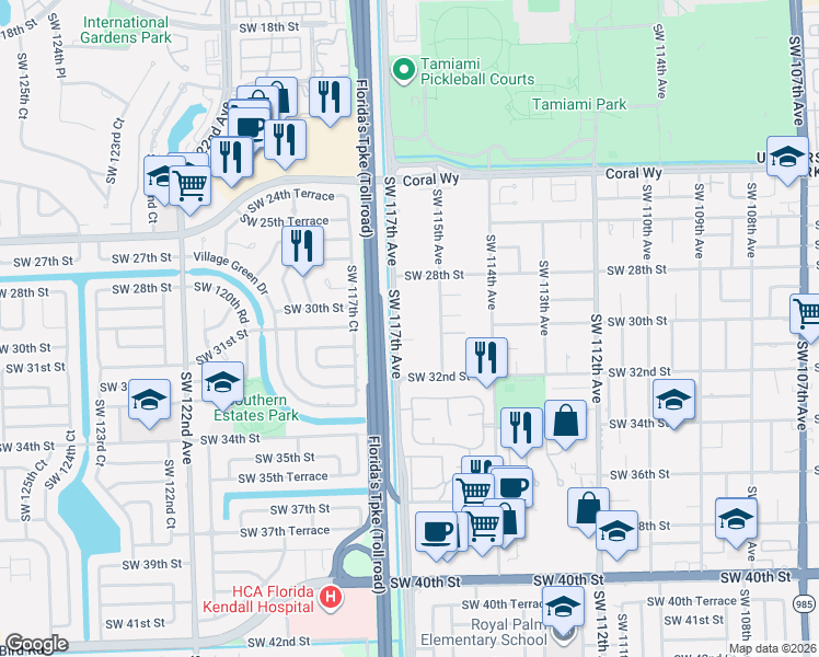 map of restaurants, bars, coffee shops, grocery stores, and more near 2921 Southwest 117th Avenue in Miami