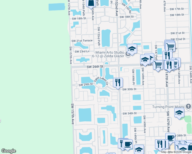 map of restaurants, bars, coffee shops, grocery stores, and more near 2701 Southwest 153rd Path in Miami