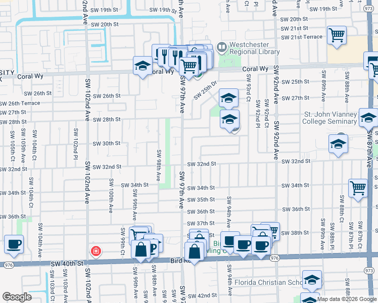 map of restaurants, bars, coffee shops, grocery stores, and more near 3001 Southwest 96th Avenue in Miami