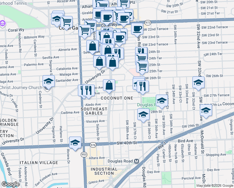 map of restaurants, bars, coffee shops, grocery stores, and more near 119 Sarto Avenue in Coral Gables