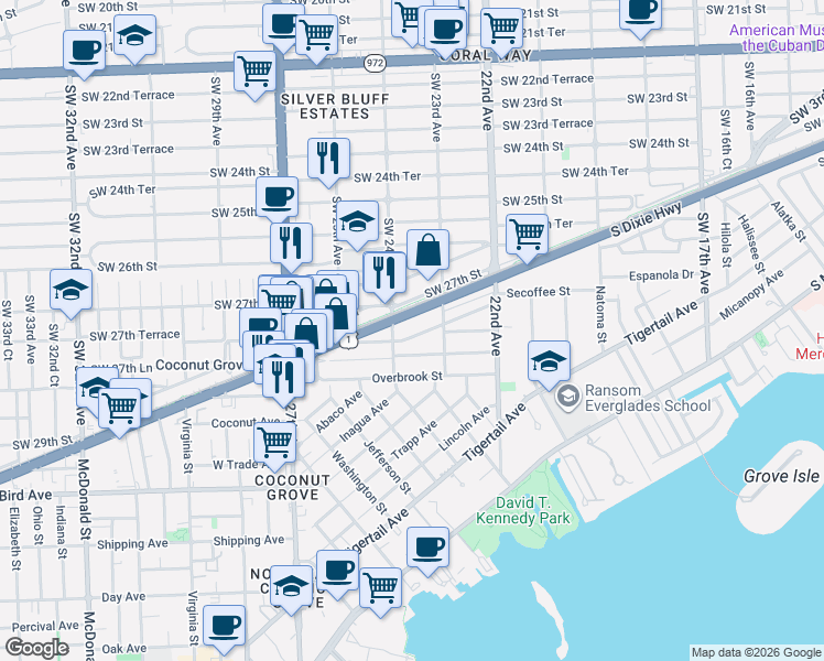 map of restaurants, bars, coffee shops, grocery stores, and more near 2355 SW 27 Terrace in Miami