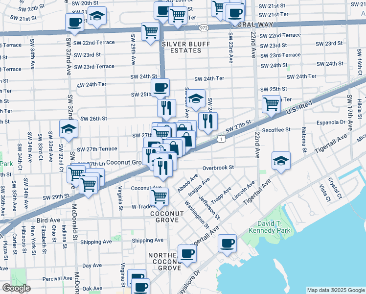 map of restaurants, bars, coffee shops, grocery stores, and more near 2530 Southwest 27th Street in Miami