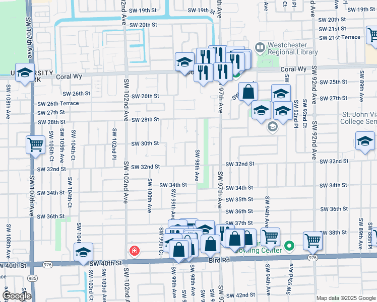 map of restaurants, bars, coffee shops, grocery stores, and more near 3014 Southwest 98th Court in Miami