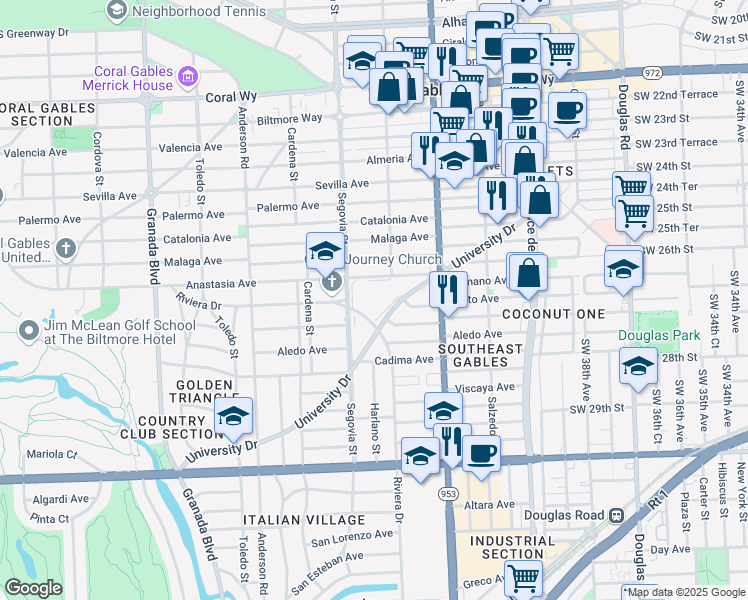 map of restaurants, bars, coffee shops, grocery stores, and more near 405 University Drive in Coral Gables