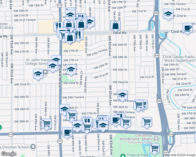 map of restaurants, bars, coffee shops, grocery stores, and more near 8301 Southwest 31st Street in Miami
