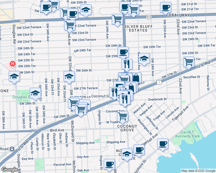 map of restaurants, bars, coffee shops, grocery stores, and more near 2711 Southwest 29th Court in Miami