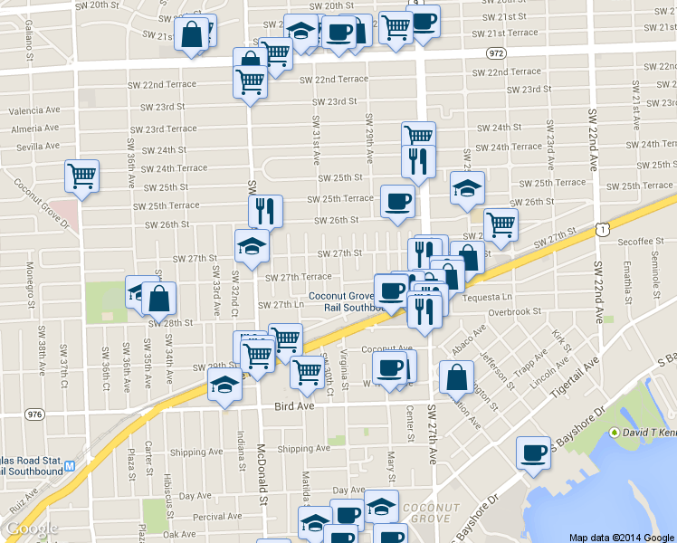 map of restaurants, bars, coffee shops, grocery stores, and more near 3030 Southwest 27th Street in Miami
