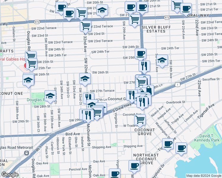 map of restaurants, bars, coffee shops, grocery stores, and more near 3030 Southwest 27th Street in Miami