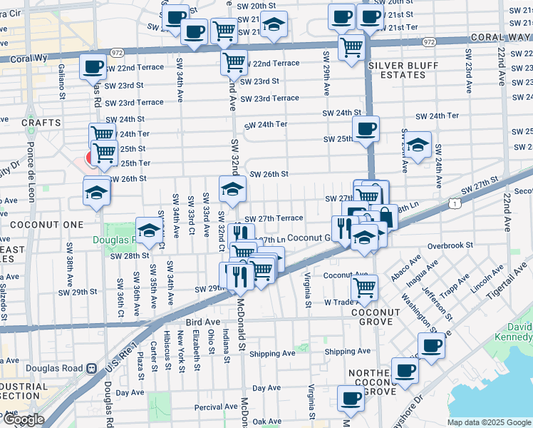 map of restaurants, bars, coffee shops, grocery stores, and more near 3110 Southwest 27th Street in Miami