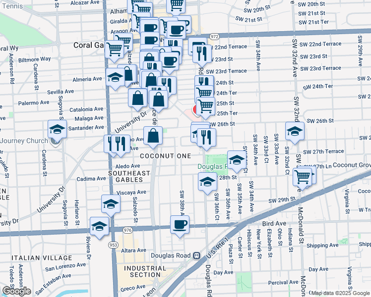 map of restaurants, bars, coffee shops, grocery stores, and more near 3783 Southwest 27th Street in Miami
