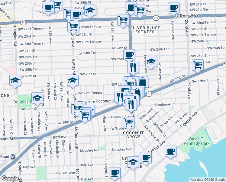 map of restaurants, bars, coffee shops, grocery stores, and more near 2711 Southwest 29th Court in Miami