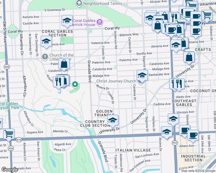 map of restaurants, bars, coffee shops, grocery stores, and more near 850 Anastasia Avenue in Coral Gables