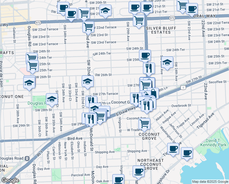 map of restaurants, bars, coffee shops, grocery stores, and more near 3030 Southwest 27th Street in Miami