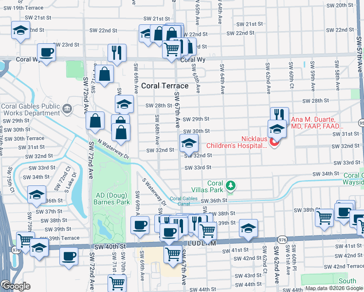 map of restaurants, bars, coffee shops, grocery stores, and more near 6557 Southwest 31st Street in Miami