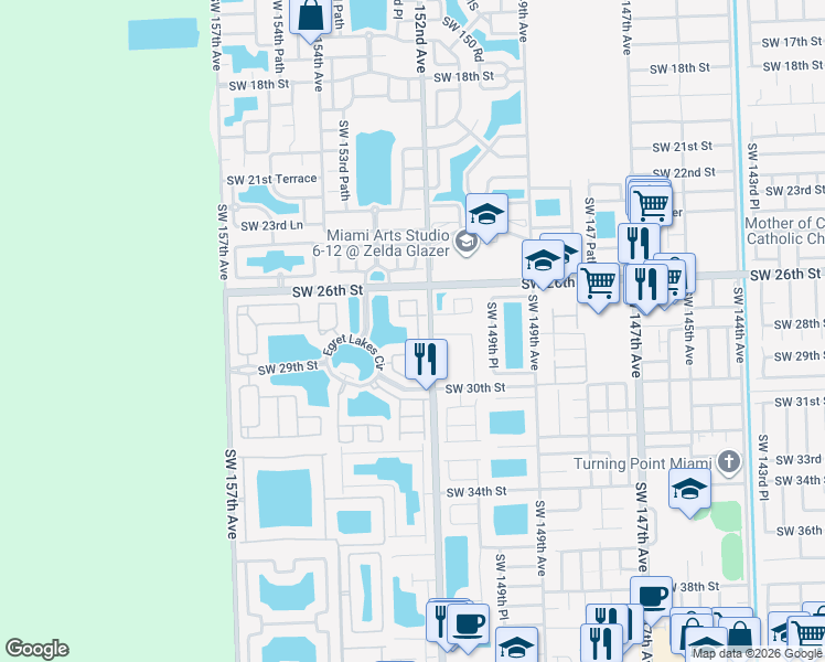 map of restaurants, bars, coffee shops, grocery stores, and more near 2732 Southwest 152nd Court in Miami