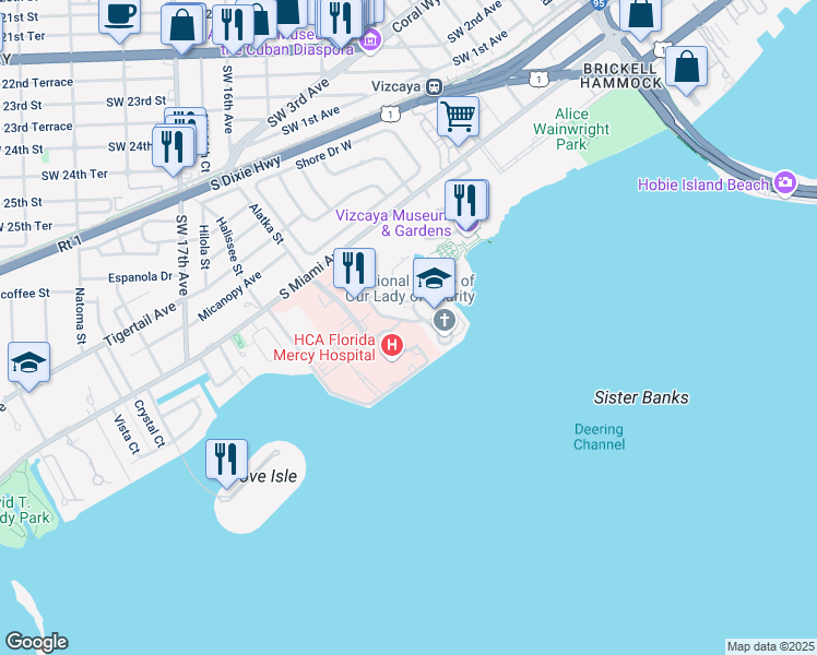 map of restaurants, bars, coffee shops, grocery stores, and more near 3659 South Miami Avenue in Miami