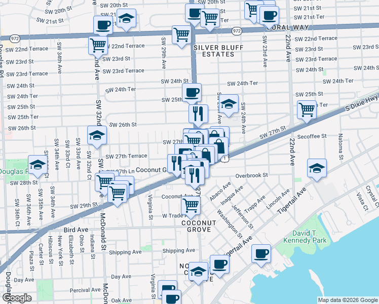 map of restaurants, bars, coffee shops, grocery stores, and more near 2742 Southwest 27th Avenue in Miami