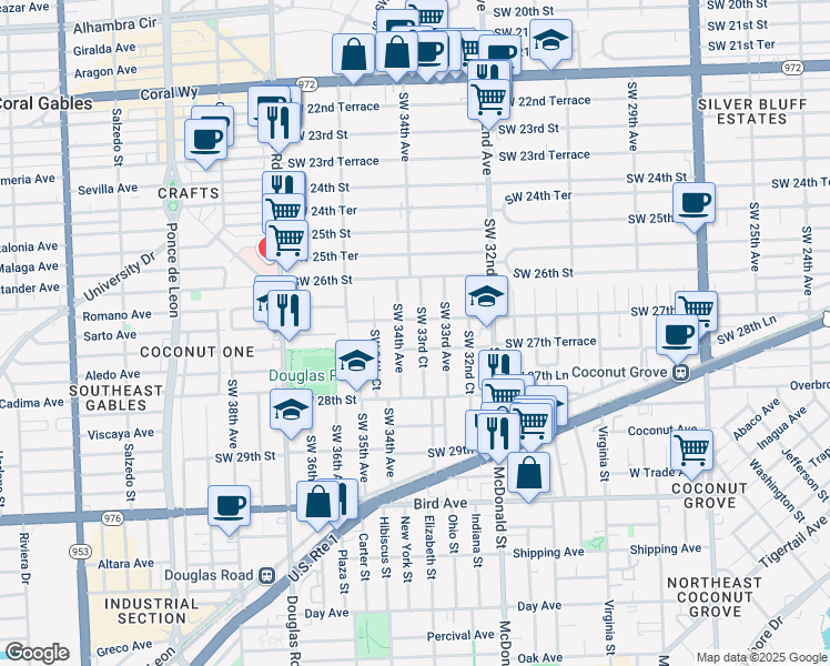 map of restaurants, bars, coffee shops, grocery stores, and more near 3342 Southwest 27th Street in Miami