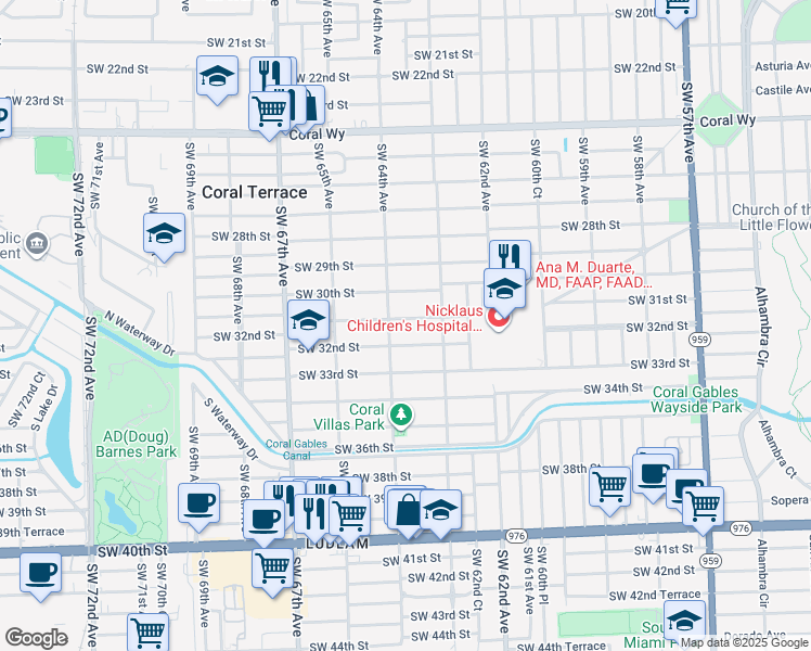 map of restaurants, bars, coffee shops, grocery stores, and more near 6335 Southwest 31st Street in Miami