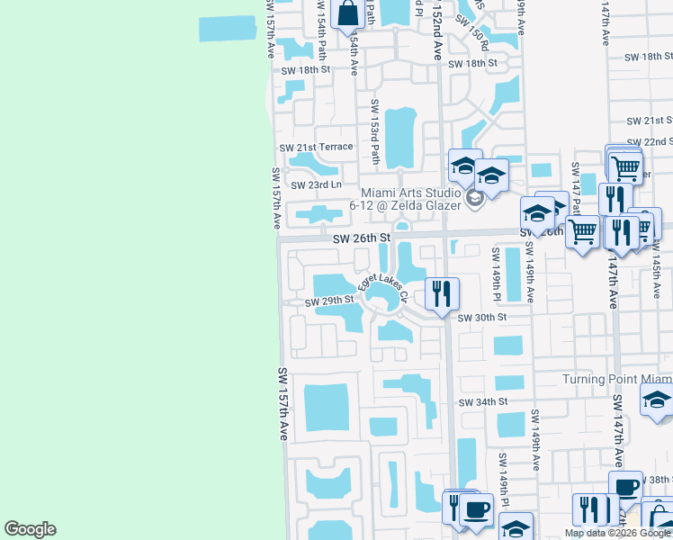 map of restaurants, bars, coffee shops, grocery stores, and more near 2671 Southwest 154th Place in Miami