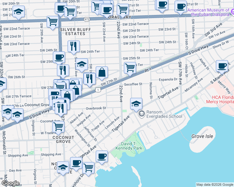 map of restaurants, bars, coffee shops, grocery stores, and more near 2220 Southwest 27th Terrace in Miami