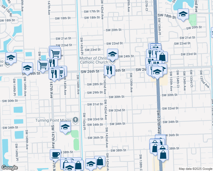 map of restaurants, bars, coffee shops, grocery stores, and more near 2801 Southwest 142nd Avenue in Miami