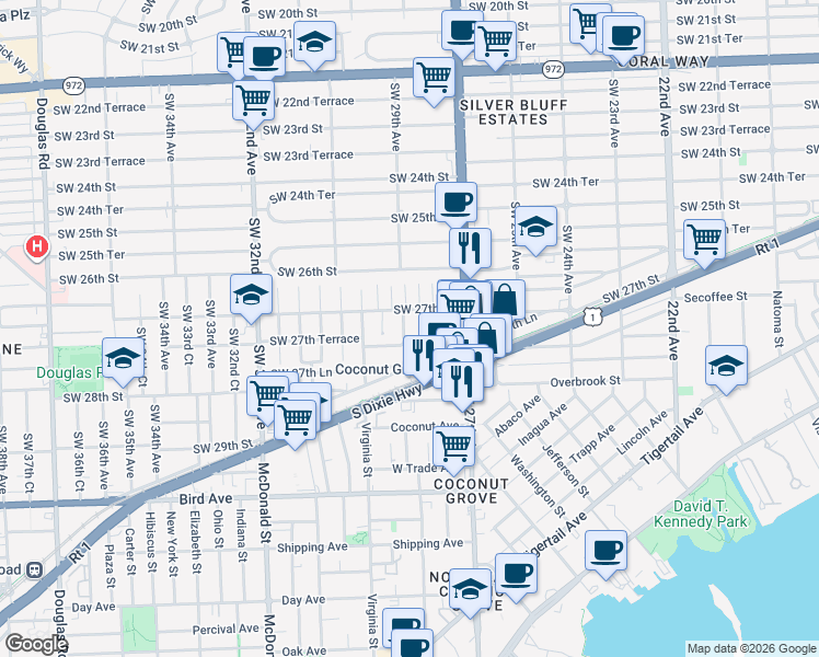 map of restaurants, bars, coffee shops, grocery stores, and more near 2721 Southwest 28th Court in Miami