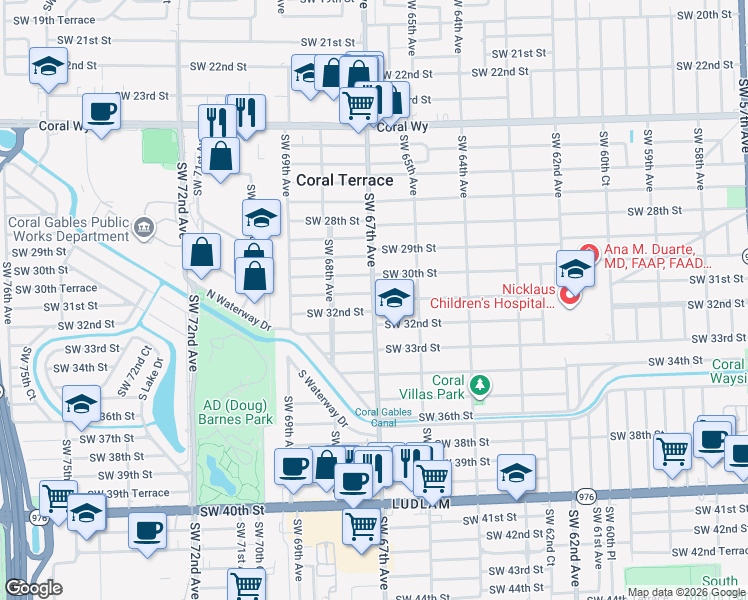 map of restaurants, bars, coffee shops, grocery stores, and more near 3112 Southwest 67th Avenue in Miami