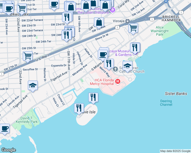 map of restaurants, bars, coffee shops, grocery stores, and more near 3667 South Miami Avenue in Miami