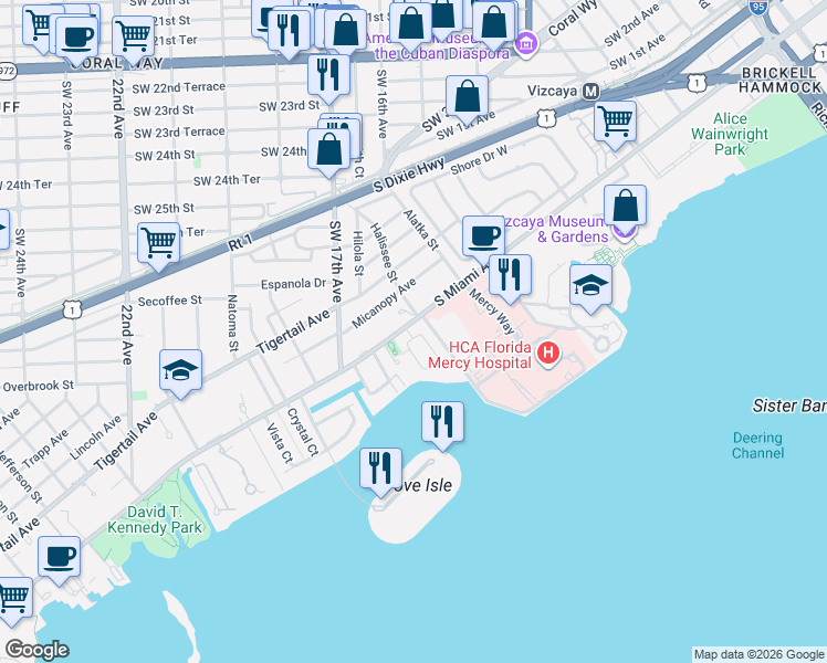 map of restaurants, bars, coffee shops, grocery stores, and more near 1610 South Miami Avenue in Miami