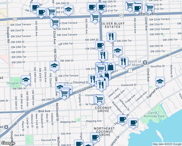 map of restaurants, bars, coffee shops, grocery stores, and more near 2721 Southwest 28th Court in Miami