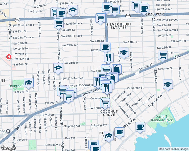 map of restaurants, bars, coffee shops, grocery stores, and more near 2721 Southwest 28th Court in Miami