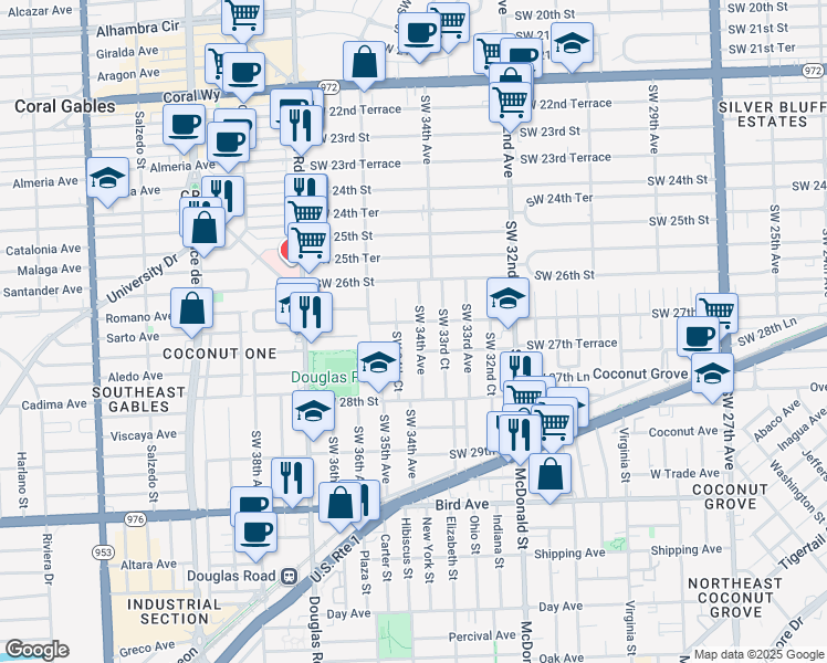 map of restaurants, bars, coffee shops, grocery stores, and more near 3400-3402 Southwest 27th Street in Miami