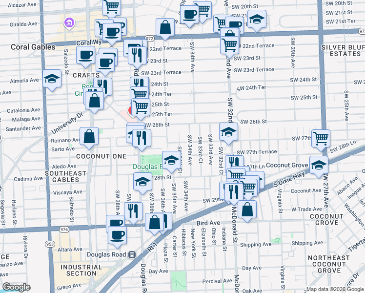 map of restaurants, bars, coffee shops, grocery stores, and more near 3400-3402 Southwest 27th Street in Miami