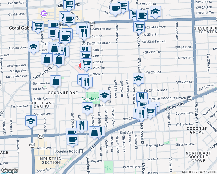 map of restaurants, bars, coffee shops, grocery stores, and more near 3486 Southwest 27th Street in Miami
