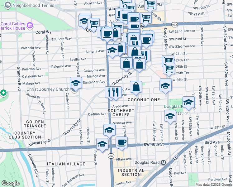 map of restaurants, bars, coffee shops, grocery stores, and more near 3225 South Le Jeune Road in Coral Gables