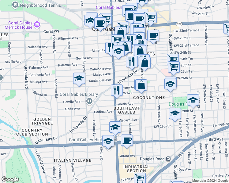 map of restaurants, bars, coffee shops, grocery stores, and more near 3225 South Le Jeune Road in Coral Gables