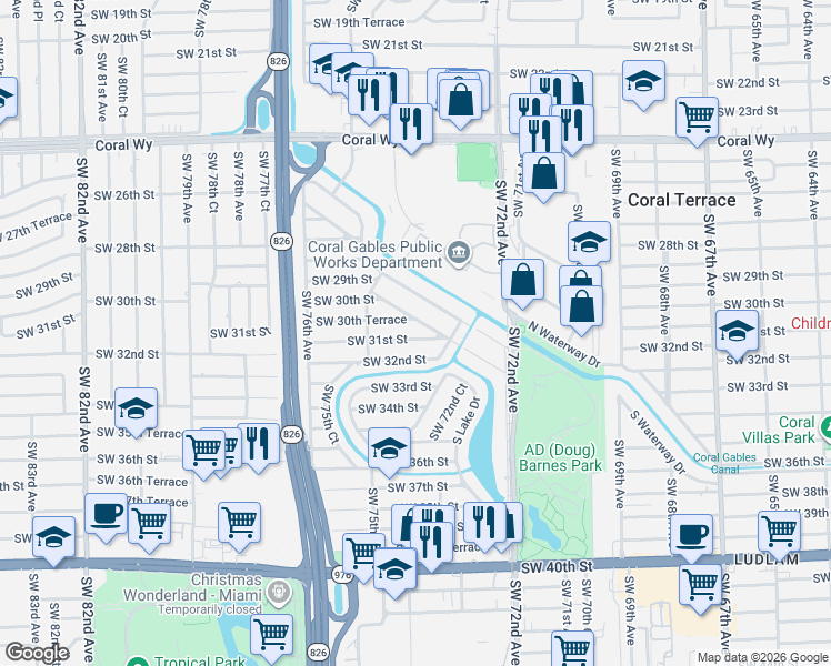 map of restaurants, bars, coffee shops, grocery stores, and more near 7330 Southwest 34th Street Road in Miami